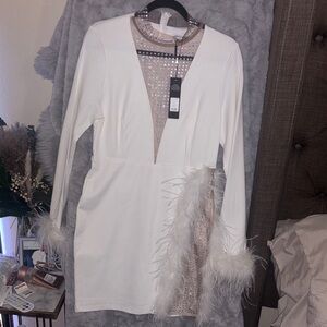 Fashion Nova White and Cream Feather Dress